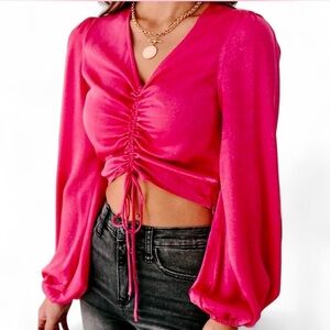 LUSH Pink Long-sleeve Satin Crop Top {Small}